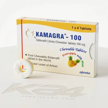 Kamagra rágótabletta 100 mg termékcsomagolás és tabletták